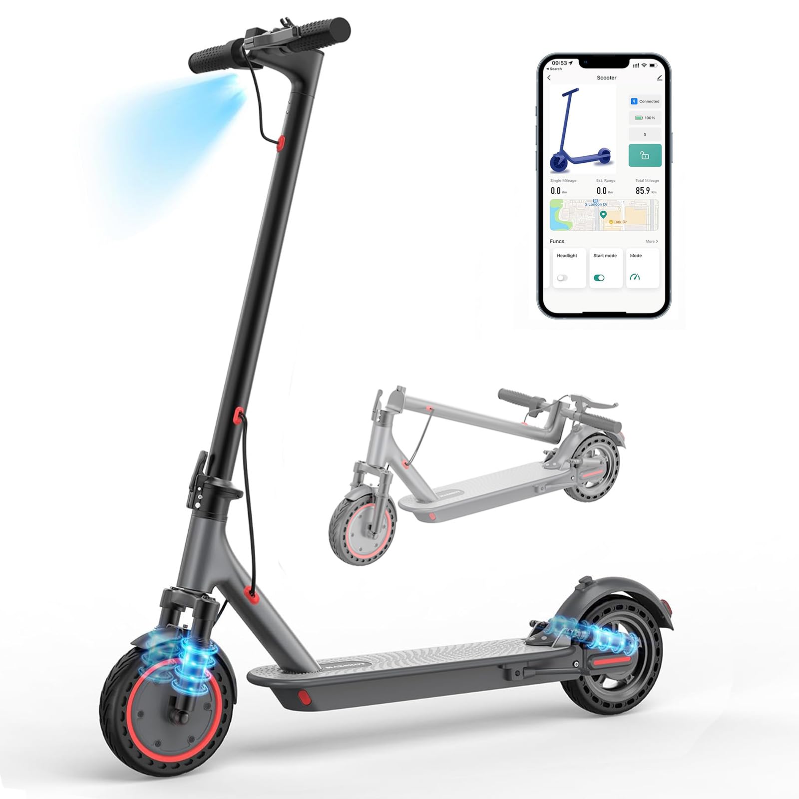Electric Scooter, 8.5" /10" /14" Tire, 16/19/22 Mph Top Speed, 12/22/27/28/49 Miles Long Range, Folding Escooter for Adults and Teens with Dual Braking,Dual Suspension, App