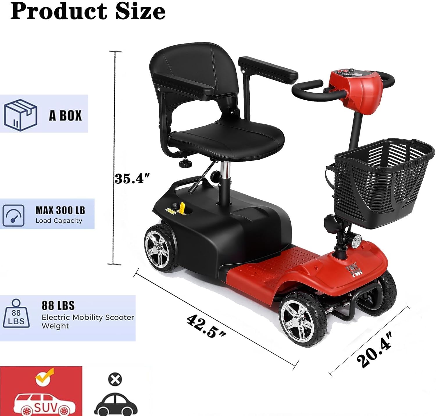 Mobility Scooters for Seniors, 4 Wheels Electric Mobility Scooter for Adults W/Removable Basket, LED Headlights and Cup Holder, Charger Included -Red