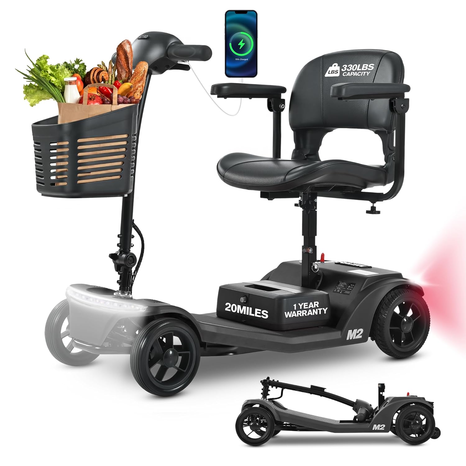 Electric Foldable Mobility Scooter for Adults 4 Wheel Mobility, 330lbs Max Weight,10-15miles Per Charge Electric Powered Wheelchair Power Scooters Black