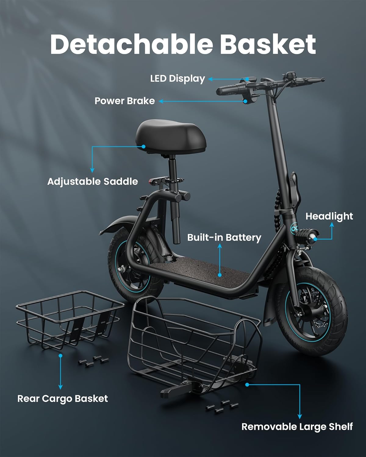 Gyroor Adults Electric Scooter with Large Middle Basket, 550W Motor 18.6 MPH 20 Mile Distance, Foldable E-Scooter with seat for Pets & Cargo