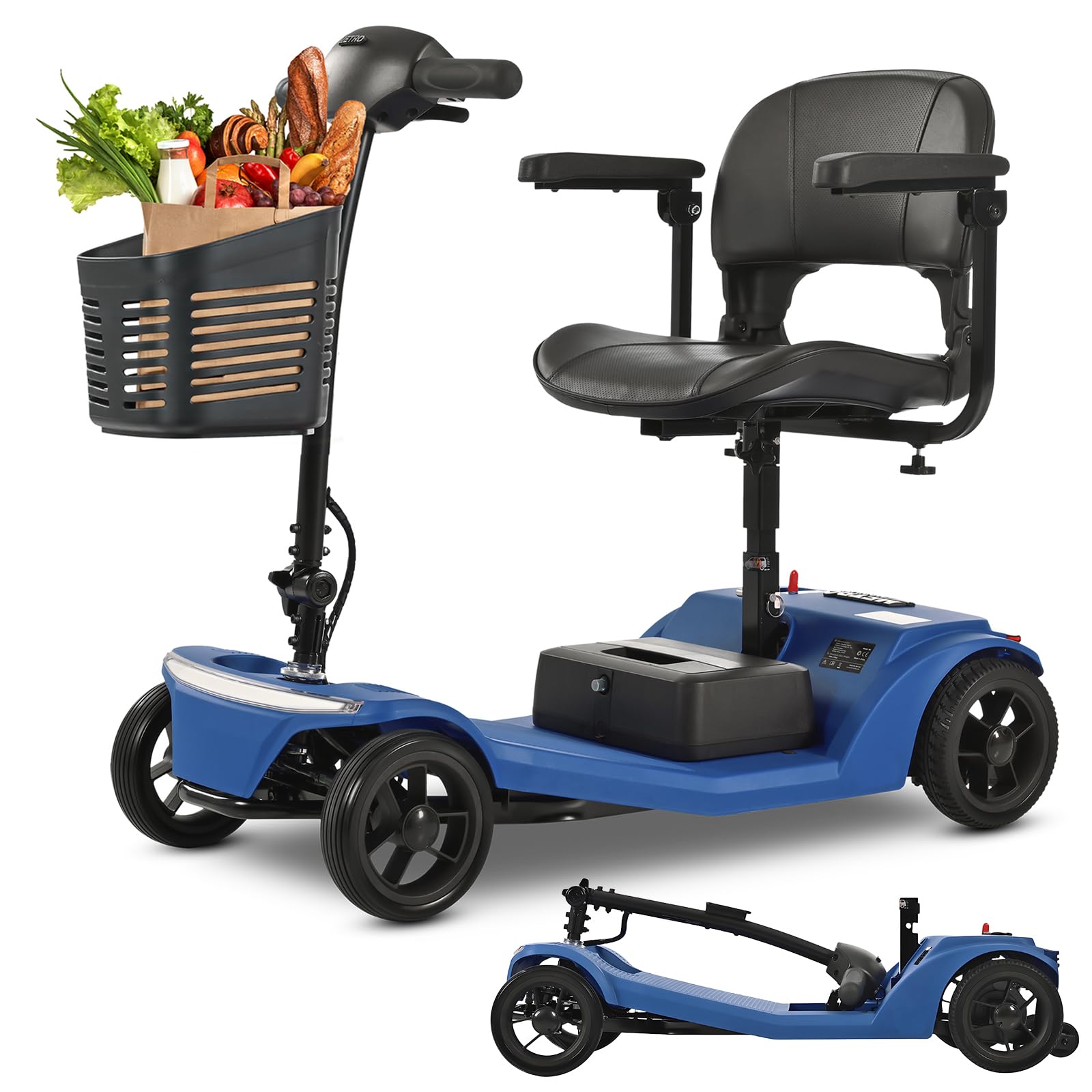 Folding Mobility Scooter for Seniors 4 Wheel Scooter for Adults Electric Medical Scooter Compact for Travel - Electric Powered Wheelchair Device - Compact Heavy Duty Mobile (Light Blue)