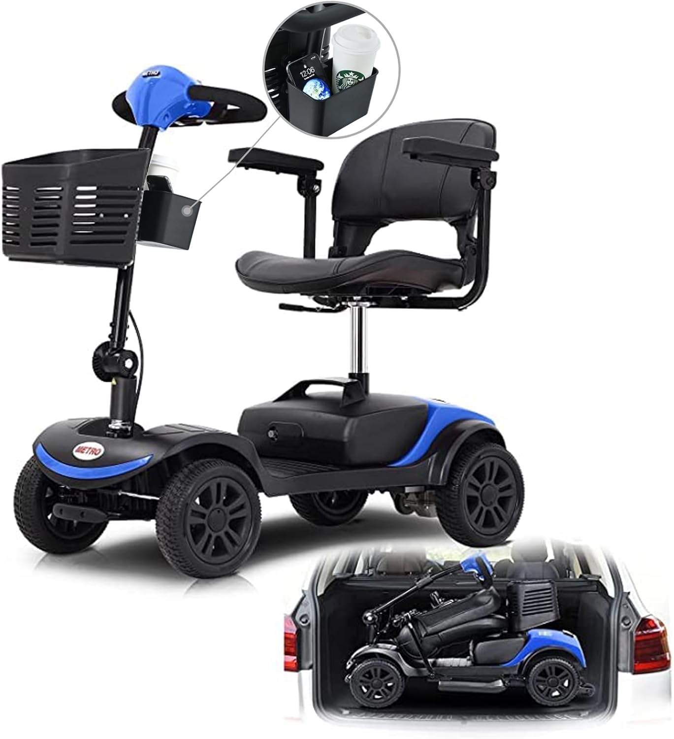 Folding Mobility Scooter for Seniors 4 Wheel Scooter for Adults Electric Medical Scooter Compact for Travel - Electric Powered Wheelchair Device - Compact Heavy Duty Mobile (Light Blue)