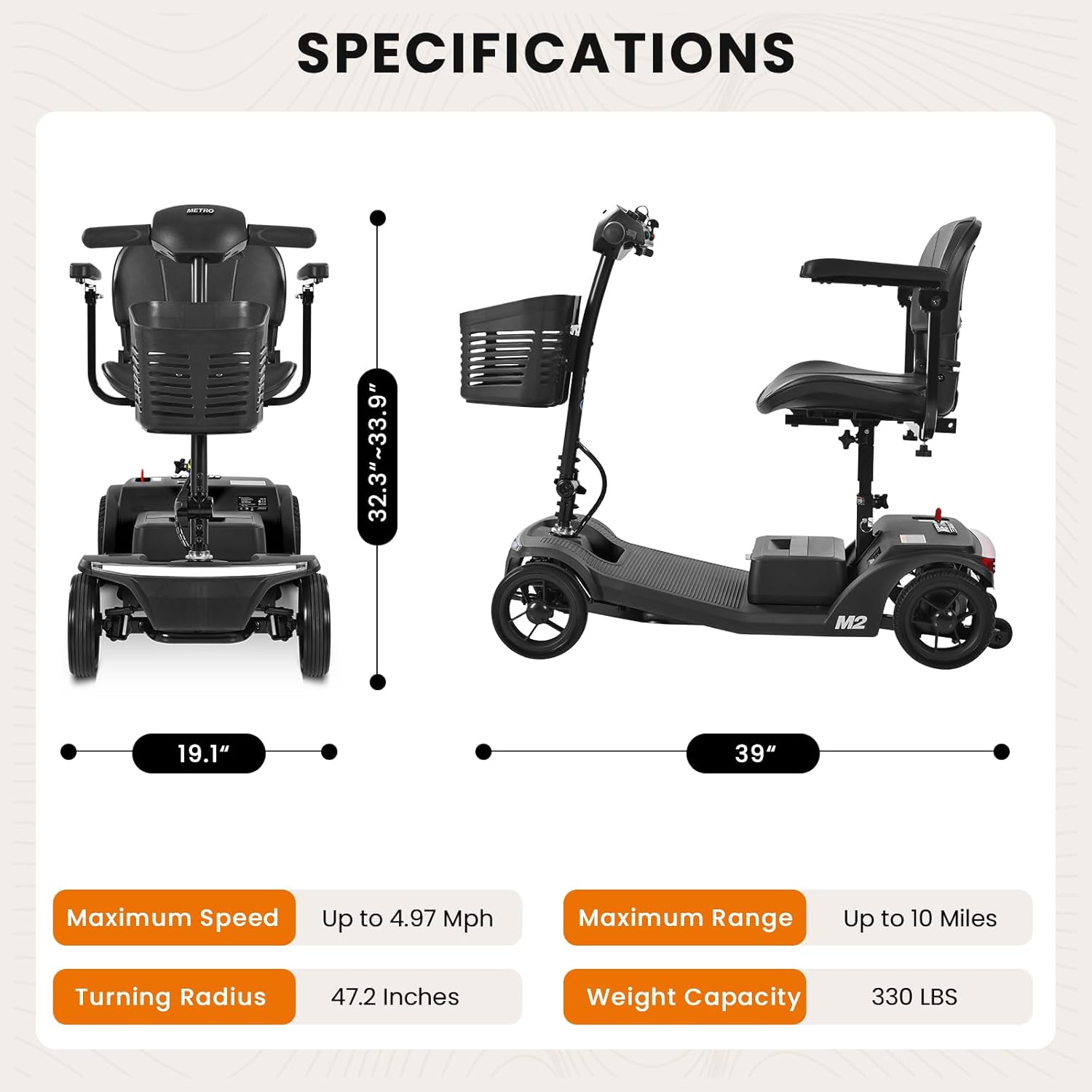 Electric Foldable Mobility Scooter for Adults 4 Wheel Mobility, 330lbs Max Weight,10-15miles Per Charge Electric Powered Wheelchair Power Scooters Black