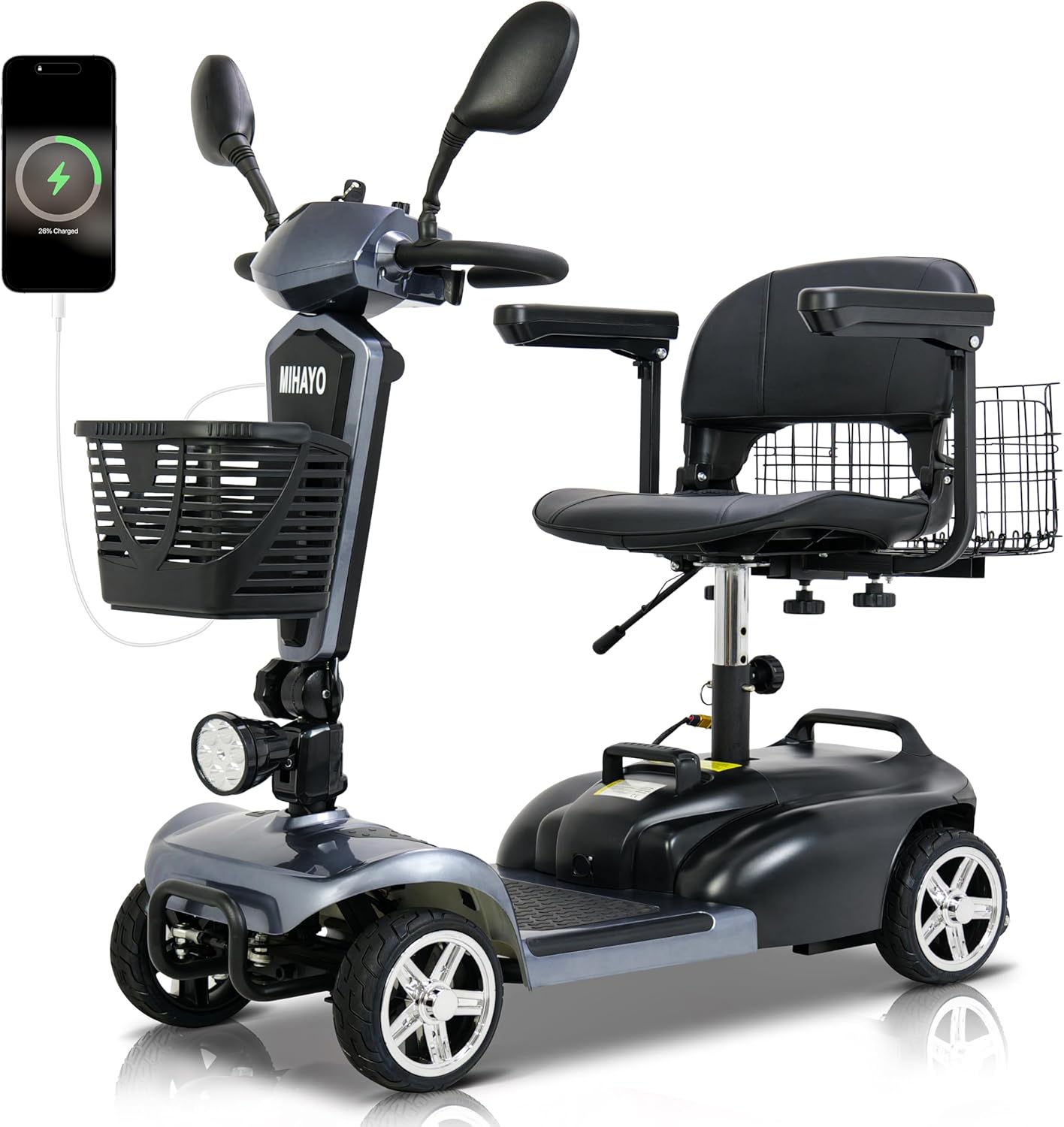 MIHAYO 4 Wheel Foldable Electric Mobility Scooter for Seniors - 30 Miles Range, 720WH Lithium Battery, Dual Basket, 300lb Capacity, Travel-Friendly, Includes Charger, Starry Gray