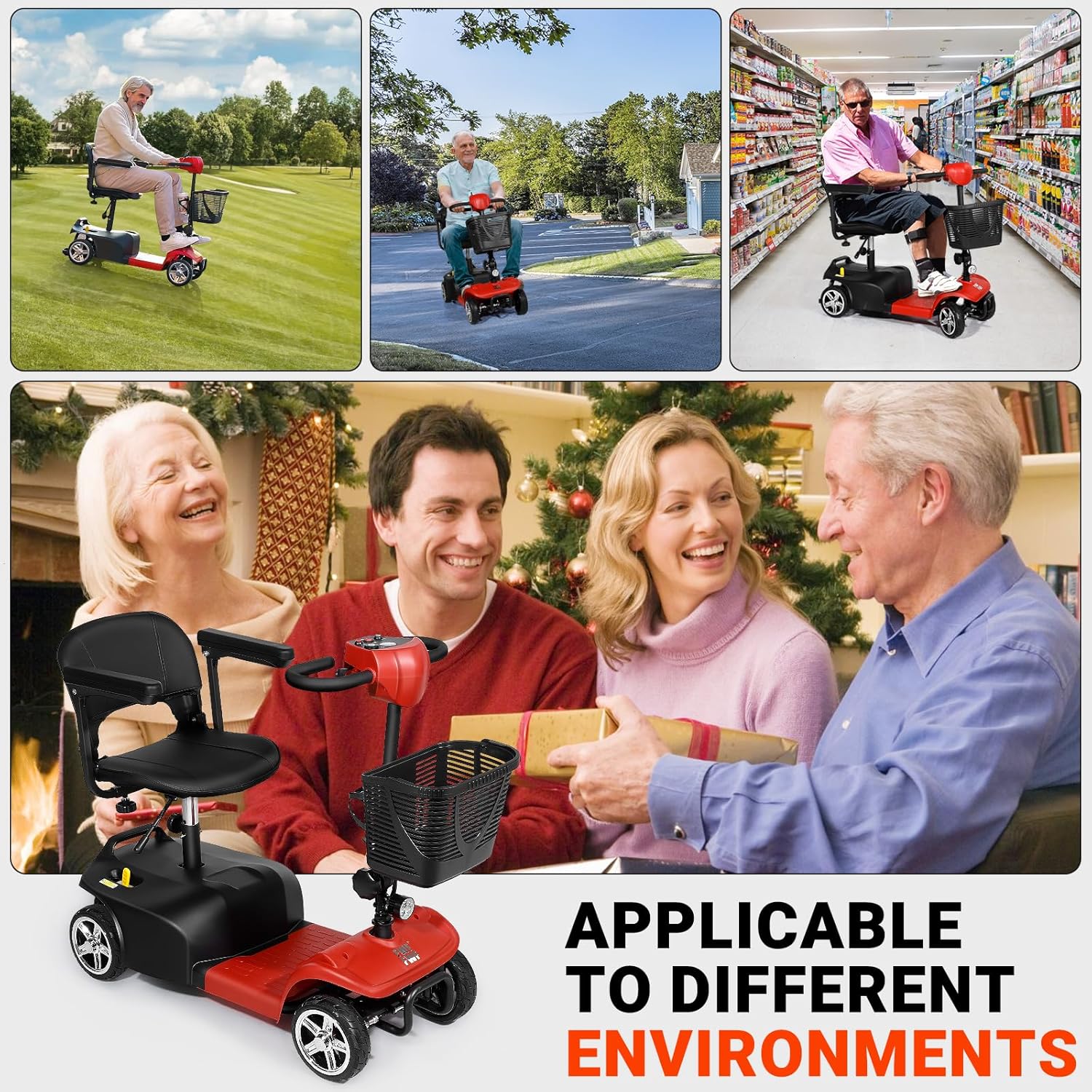 Mobility Scooters for Seniors, 4 Wheels Electric Mobility Scooter for Adults W/Removable Basket, LED Headlights and Cup Holder, Charger Included -Red