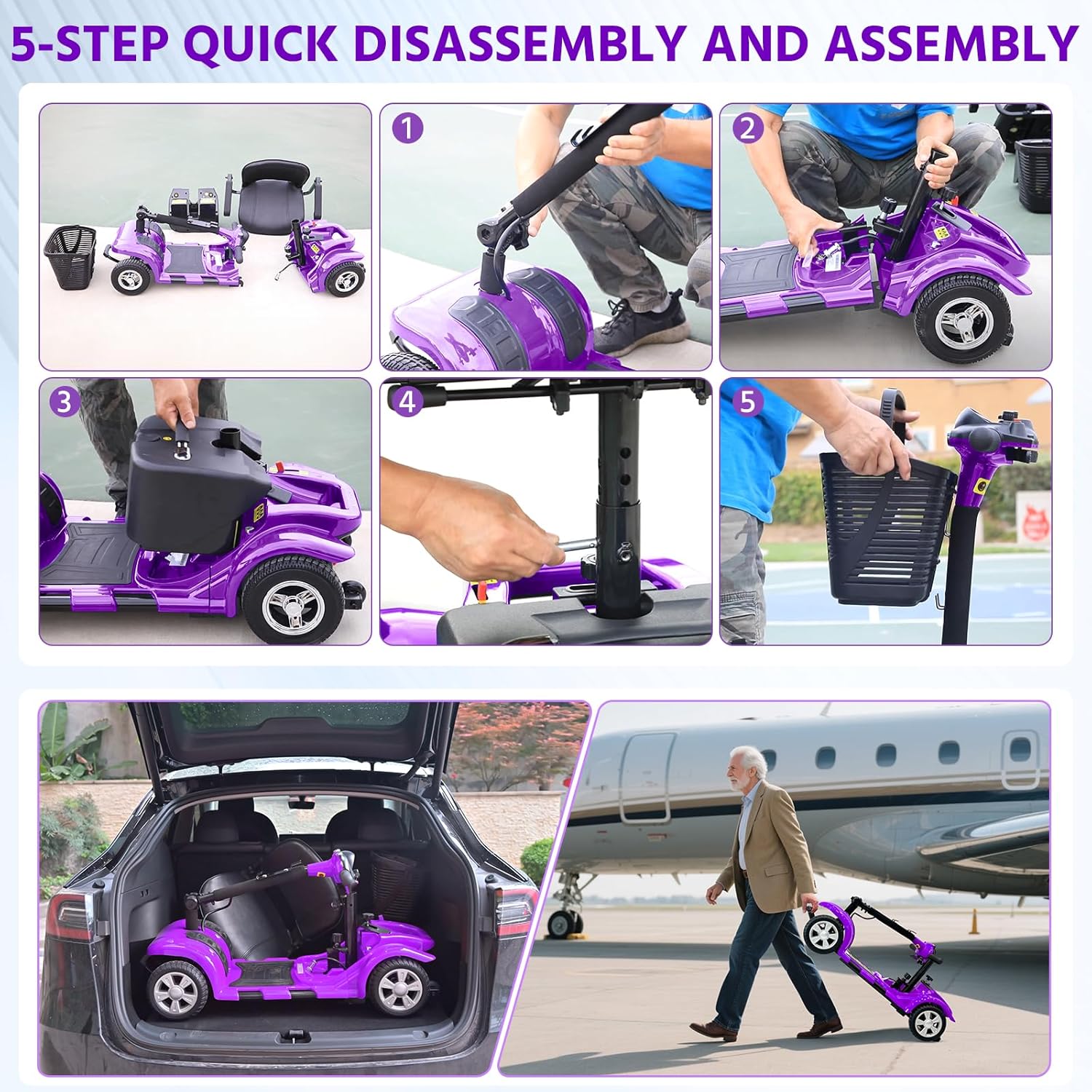 Superrio 4 Wheels Mobility Scooter for Adults, Senior Electric Powered Chargeable Device for Travel, Removable Lightweight and Portable, with LED Headlights and Basket, Charger Included (Purple)