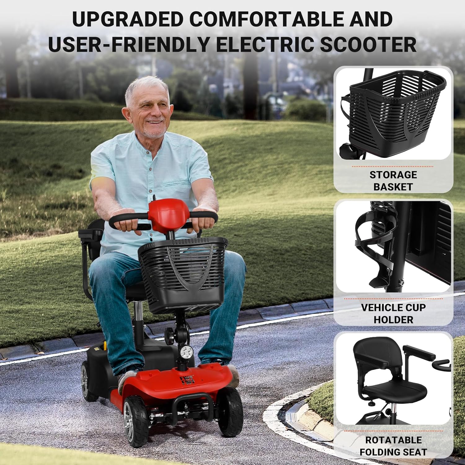 Mobility Scooters for Seniors, 4 Wheels Electric Mobility Scooter for Adults W/Removable Basket, LED Headlights and Cup Holder, Charger Included -Red