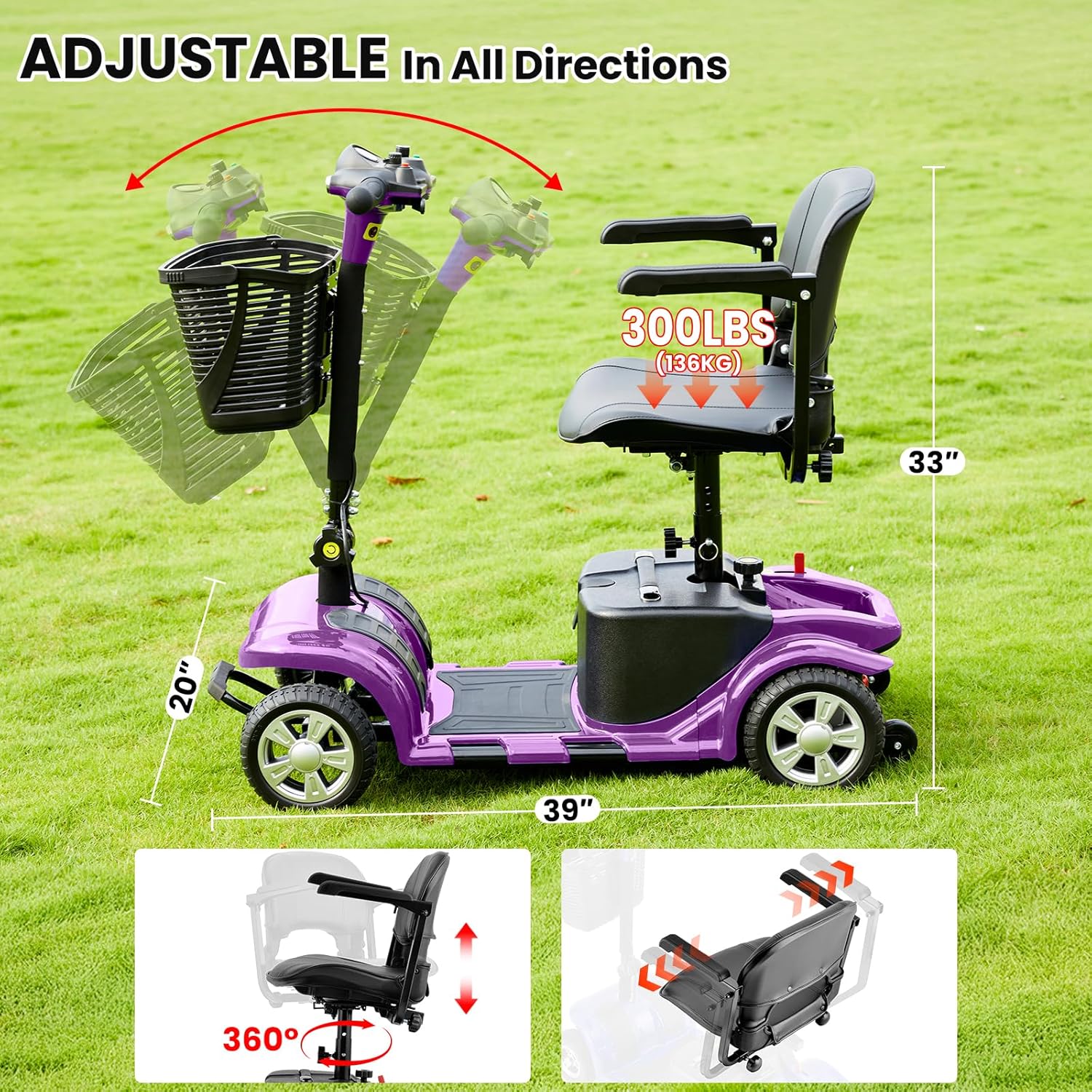 Superrio 4 Wheels Mobility Scooter for Adults, Senior Electric Powered Chargeable Device for Travel, Removable Lightweight and Portable, with LED Headlights and Basket, Charger Included (Purple)