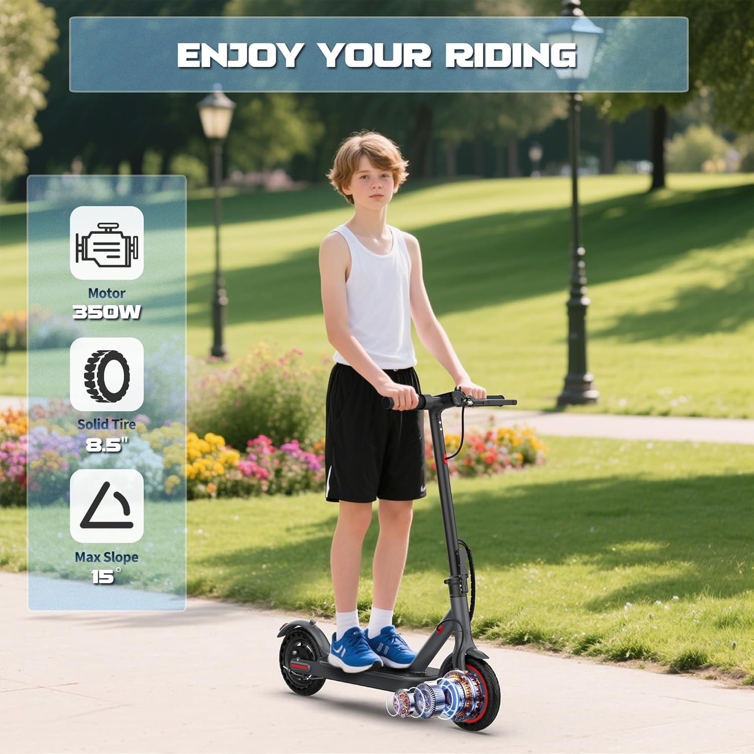 Electric Scooter for Kids 10+, 350W Motor, Max 12Miles Long Range, 19 MPH Max Speed, 8.5" Solid Tire, Lightweight Foldable E-Scooter with Dual Braking, Digital Display, Cruise Control