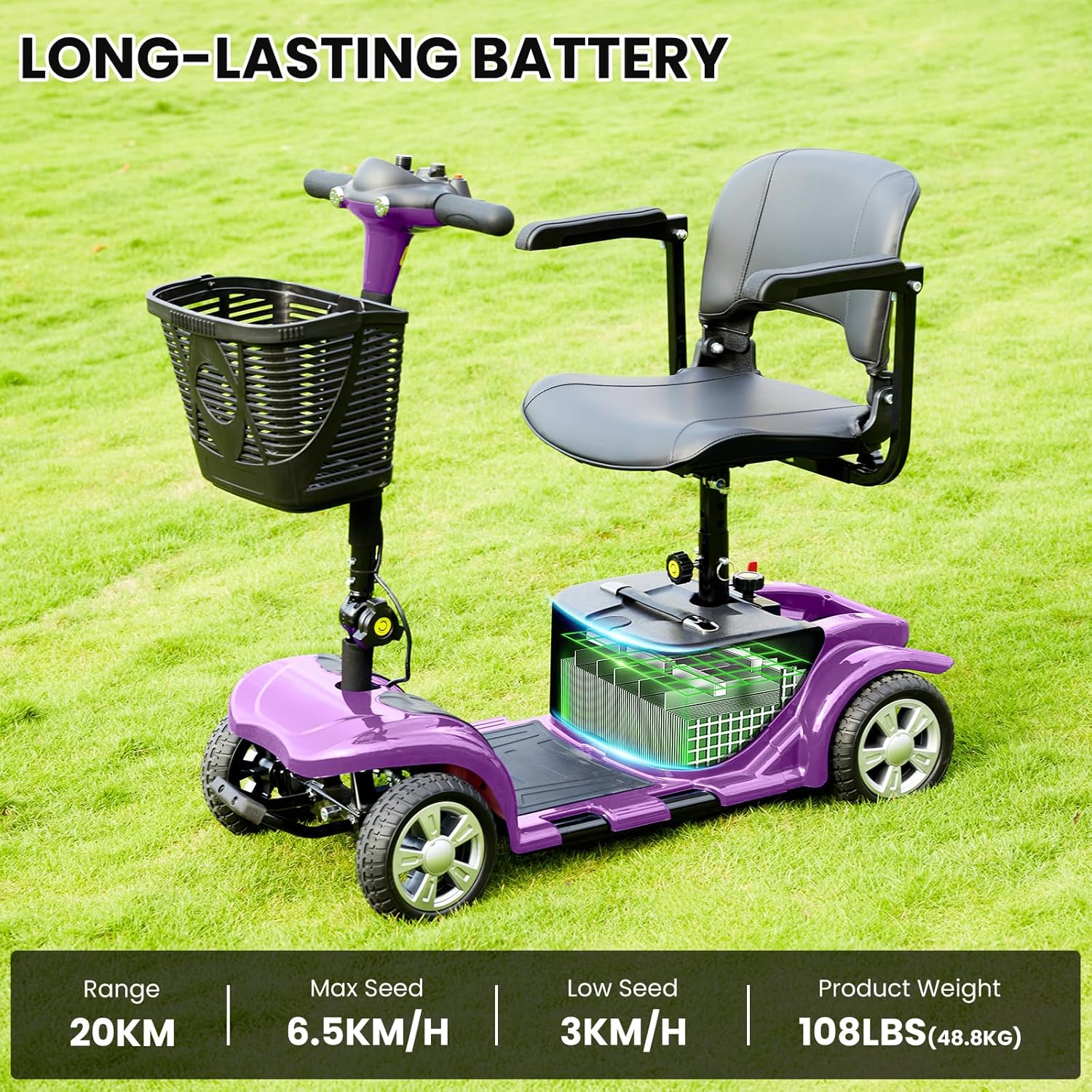 Superrio 4 Wheels Mobility Scooter for Adults, Senior Electric Powered Chargeable Device for Travel, Removable Lightweight and Portable, with LED Headlights and Basket, Charger Included (Purple)