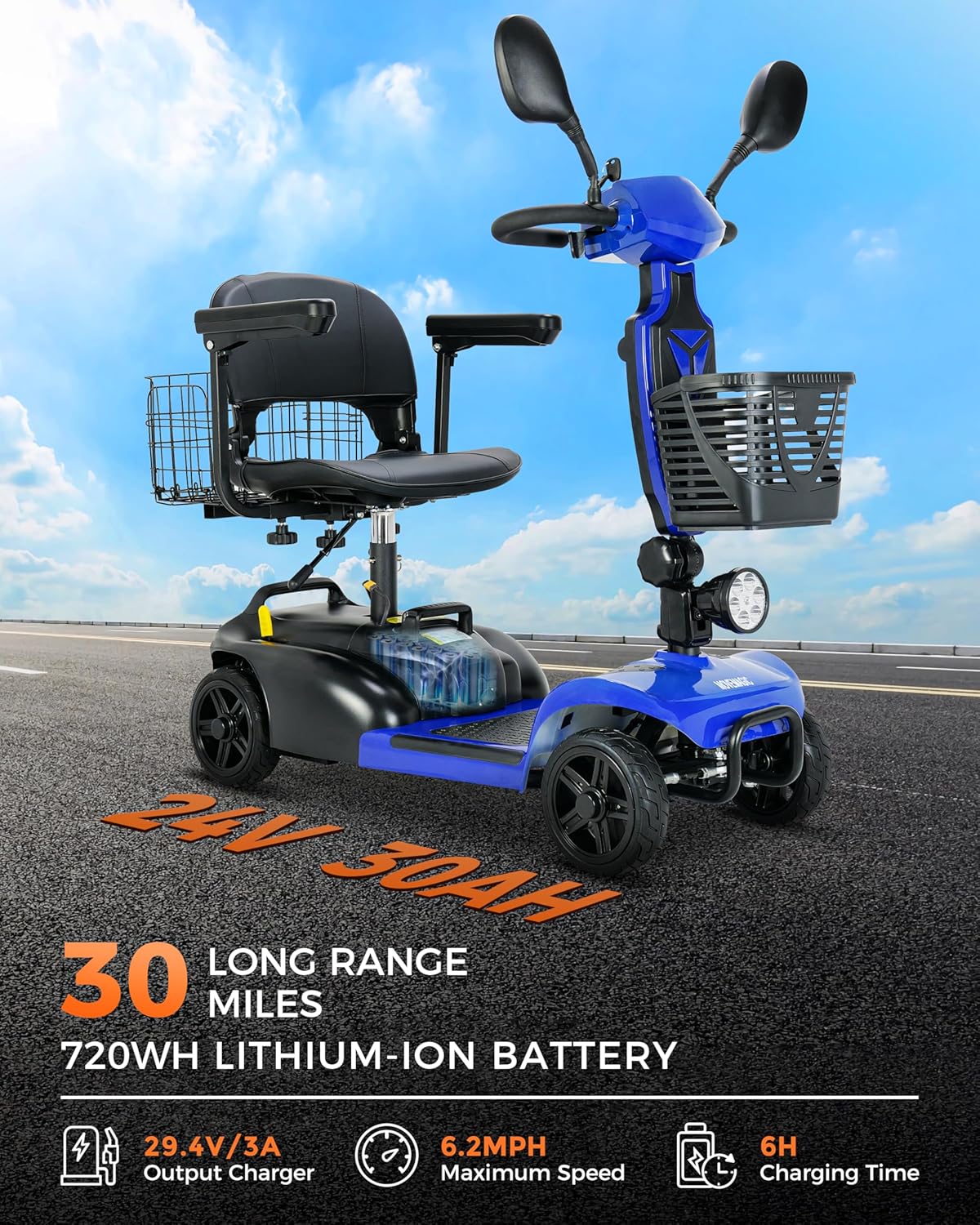 30 Miles Long Range 4 Wheel Electric Mobility Scooter, Foldable Travel Mobility Scooter for Adults with 350W Motor, 300 lb Capacity, 720Wh Battery, Dual Baskets(FSA/HSA Eligible)