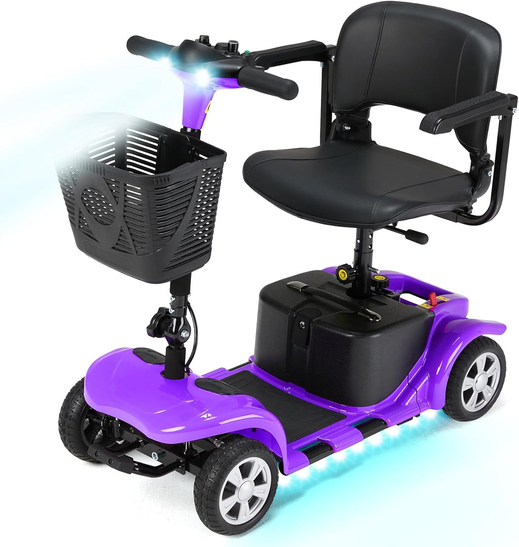 Superrio 4 Wheels Mobility Scooter for Adults, Senior Electric Powered Chargeable Device for Travel, Removable Lightweight and Portable, with LED Headlights and Basket, Charger Included (Purple)