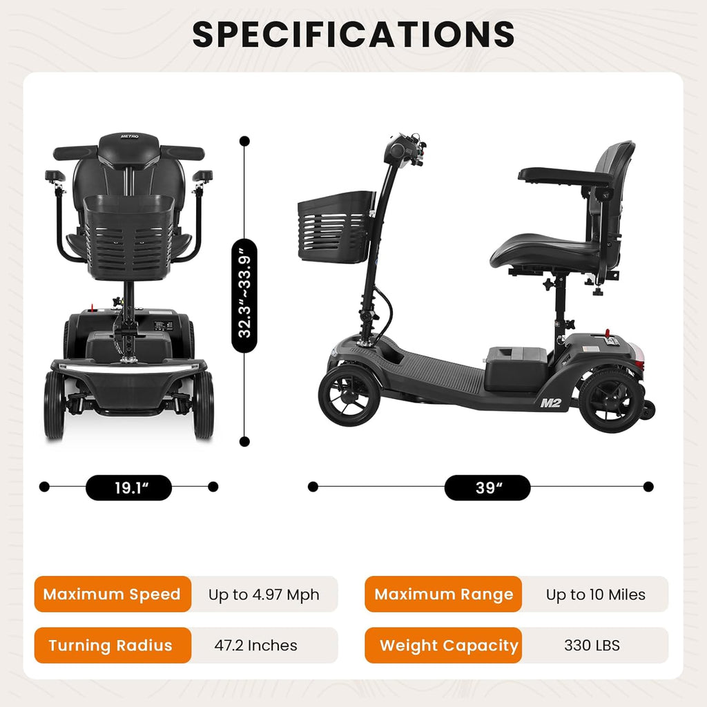Electric Foldable Mobility Scooter for Adults 4 Wheel Mobility, 330lbs Max Weight,10-15miles Per Charge Electric Powered Wheelchair Power Scooters Black