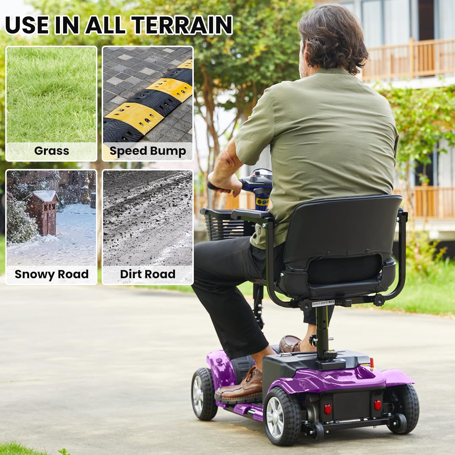 Superrio 4 Wheels Mobility Scooter for Adults, Senior Electric Powered Chargeable Device for Travel, Removable Lightweight and Portable, with LED Headlights and Basket, Charger Included (Purple)