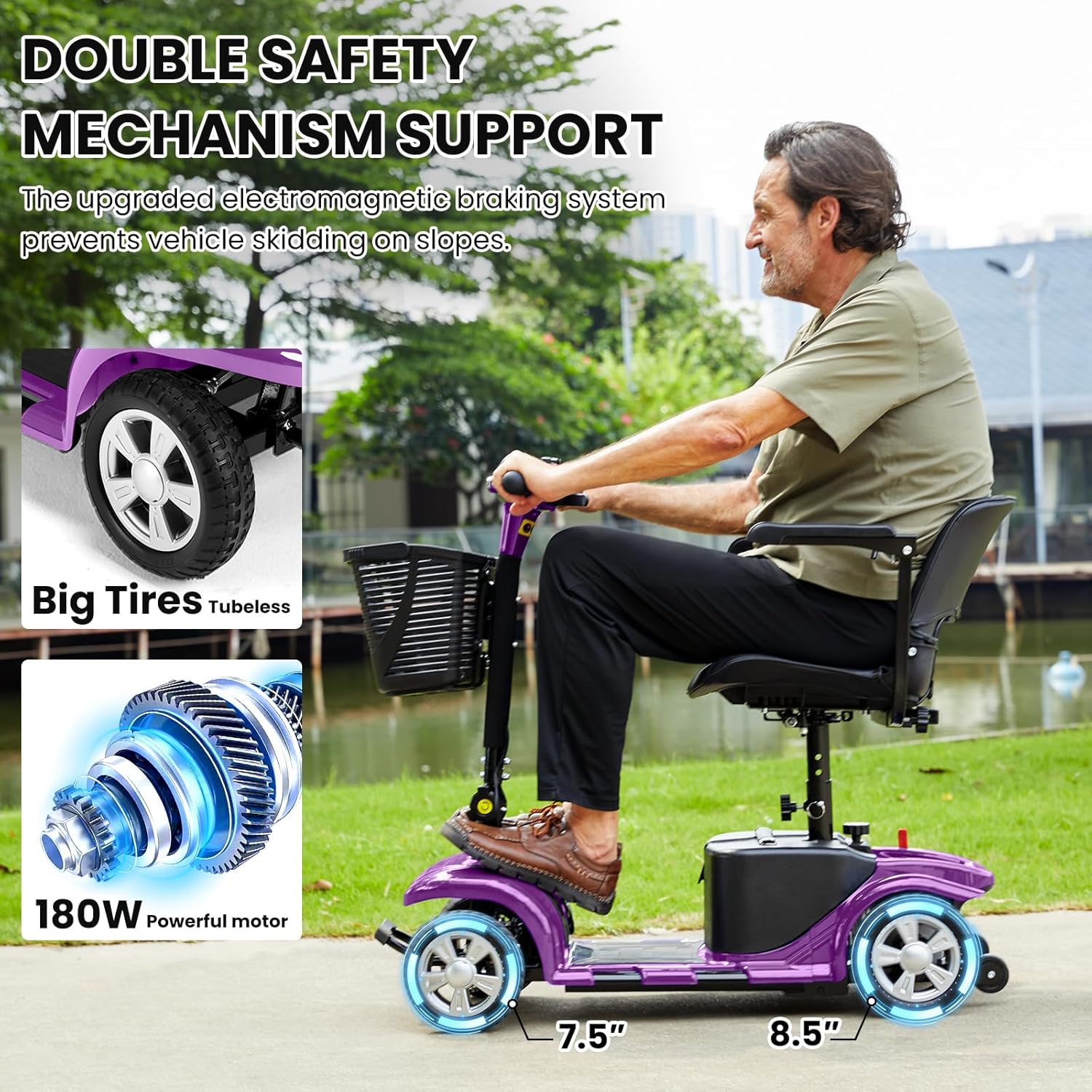 Superrio 4 Wheels Mobility Scooter for Adults, Senior Electric Powered Chargeable Device for Travel, Removable Lightweight and Portable, with LED Headlights and Basket, Charger Included (Purple)