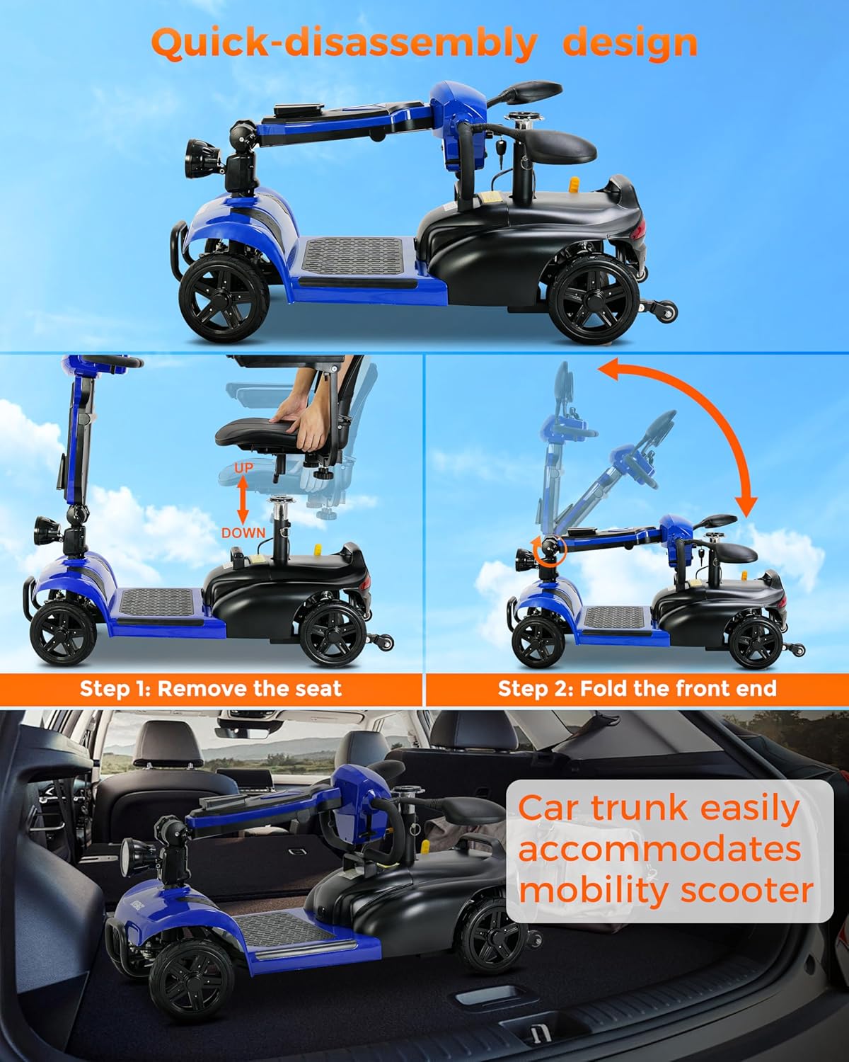 30 Miles Long Range 4 Wheel Electric Mobility Scooter, Foldable Travel Mobility Scooter for Adults with 350W Motor, 300 lb Capacity, 720Wh Battery, Dual Baskets(FSA/HSA Eligible)