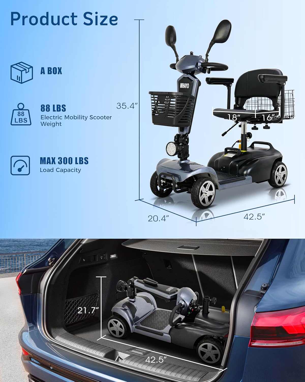 MIHAYO 4 Wheel Foldable Electric Mobility Scooter for Seniors - 30 Miles Range, 720WH Lithium Battery, Dual Basket, 300lb Capacity, Travel-Friendly, Includes Charger, Starry Gray